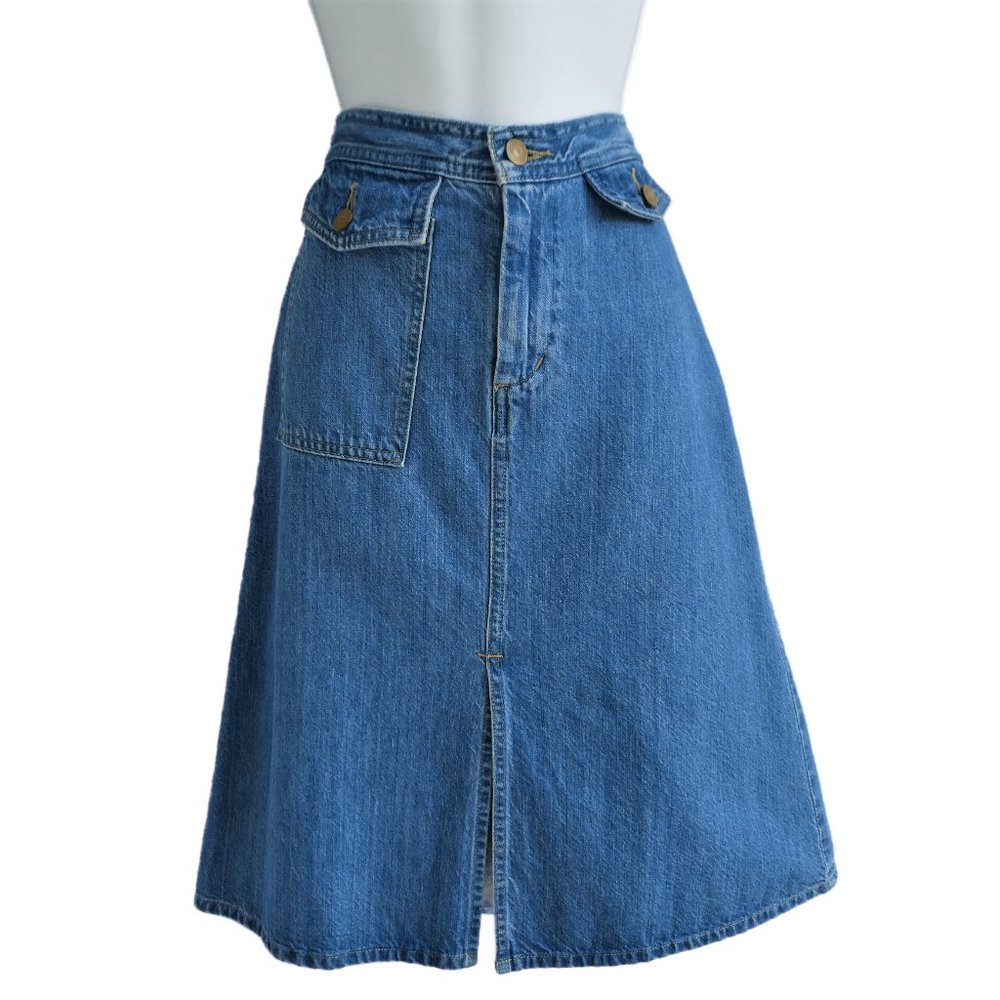 Levi's Denim Skirt Cargo Front Slit Pockets Zip Button Fly Knee Patch Logo W25 S - Picture 2 of 7